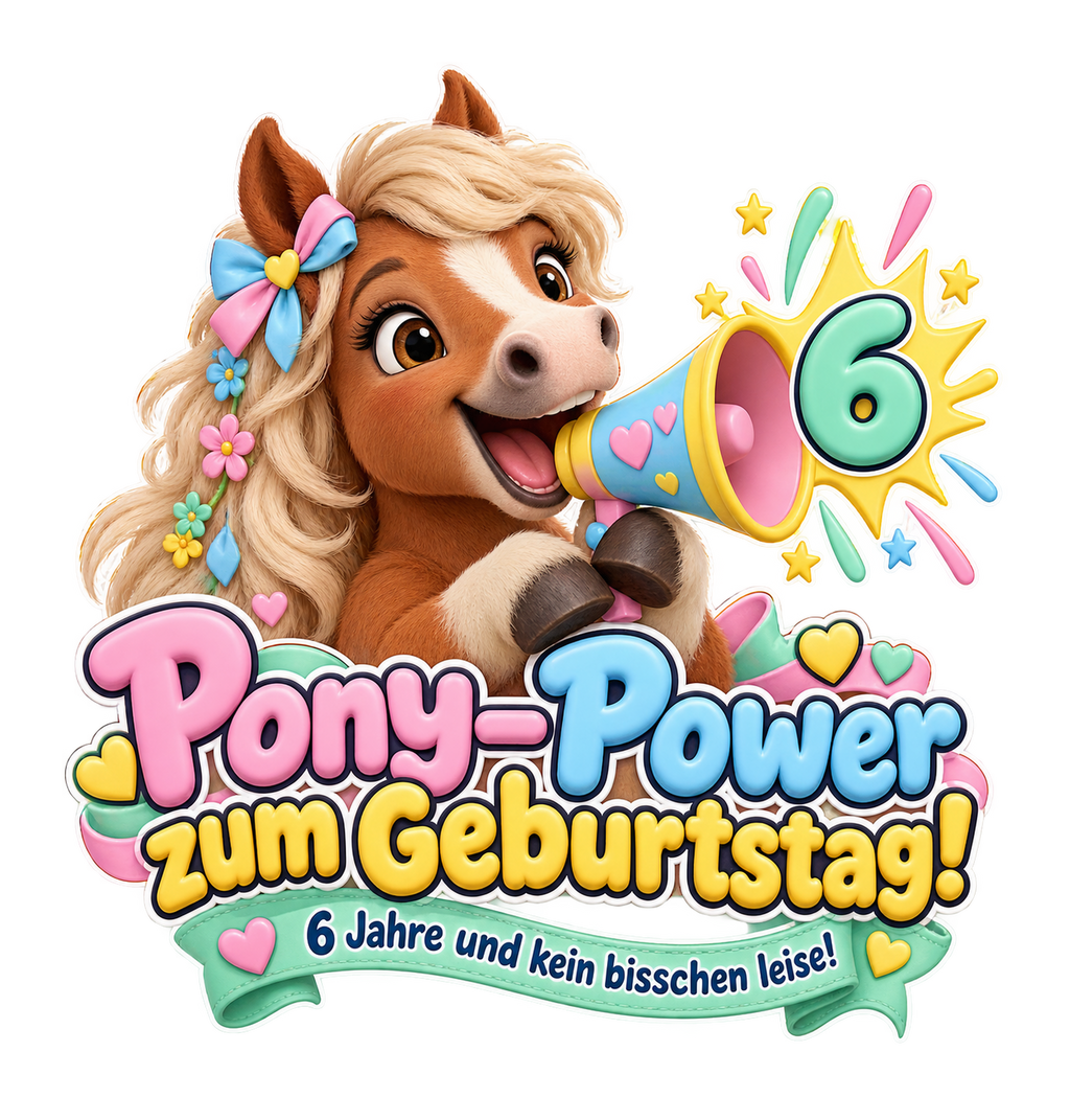 Motiv: Pony-Power zum Geburtstag! (6 Jahre) – Kinder-Hoodie – KI-gestaltetes Pferdemotiv