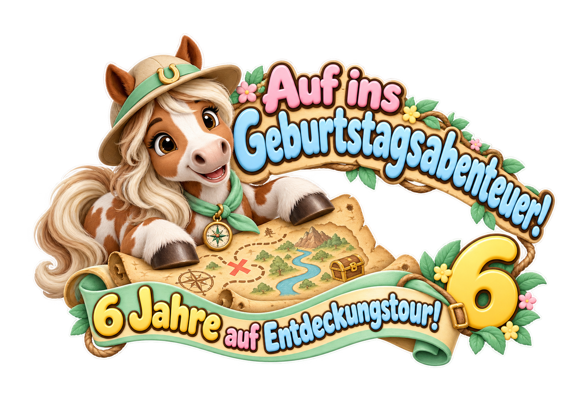 Motiv: Auf ins Geburtstagsabenteuer! (6 Jahre) – Kinder-T-Shirt Bio – KI-gestaltetes Pferdemotiv