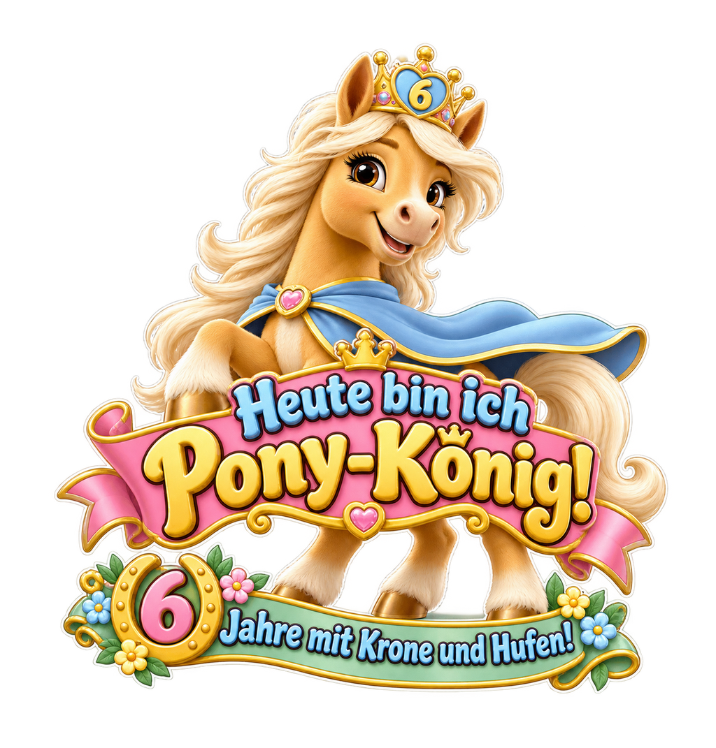Motiv: Heute bin ich Pony-König! (6 Jahre) – Kinder-Hoodie – KI-gestaltetes Pferdemotiv