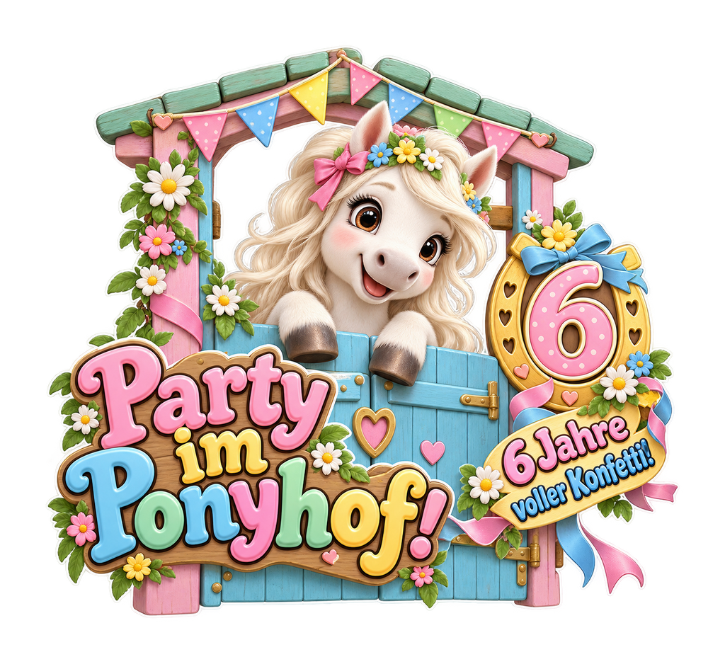 Motiv: Party im Ponyhof! (6 Jahre) – Kinder-Hoodie – KI-gestaltetes Pferdemotiv