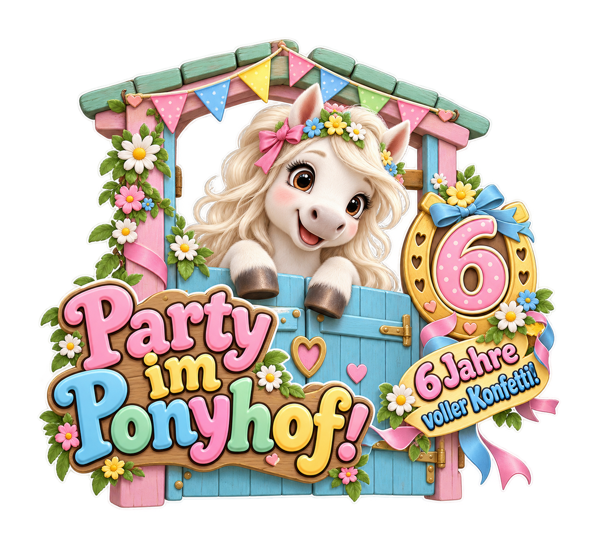 Motiv: Party im Ponyhof! (6 Jahre) – Kinder-Hoodie – KI-gestaltetes Pferdemotiv