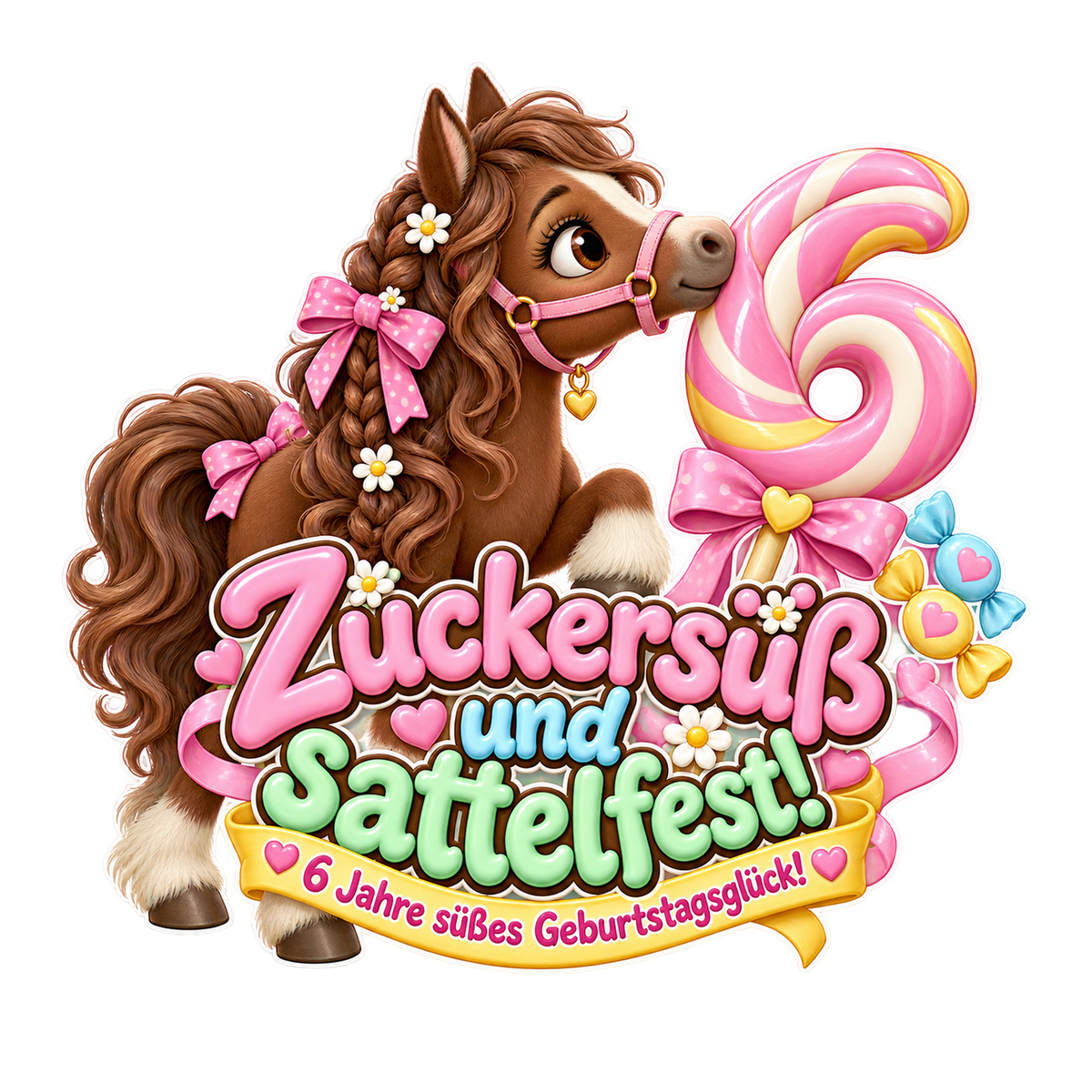 Motiv: Zuckersüß und Sattelfest! (6 Jahre) – Kinder-Hoodie – KI-gestaltetes Pferdemotiv