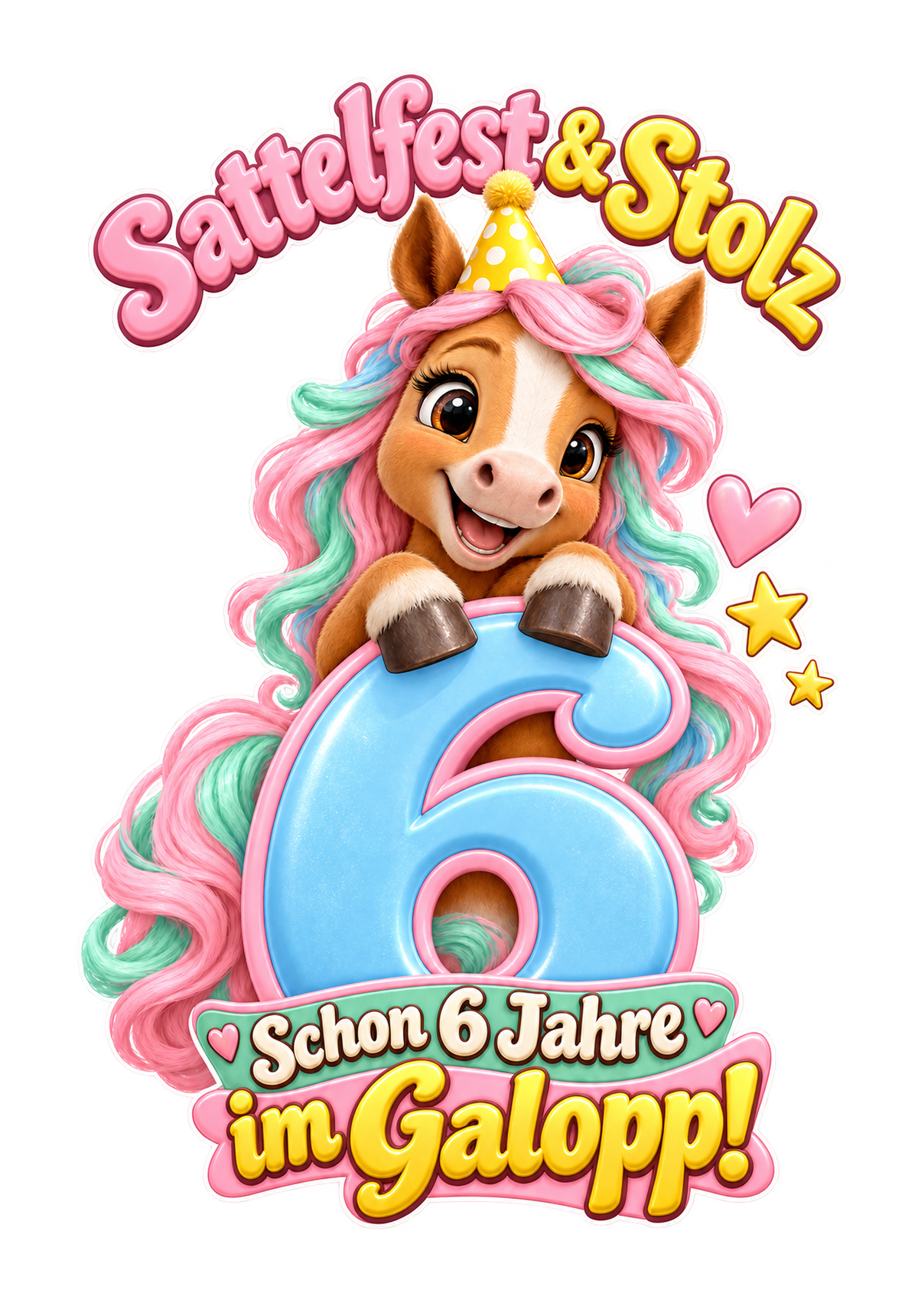 Motiv: Sattelfest und Stolz (6 Jahre) – Kinder-Pullover – KI-gestaltetes Pferdemotiv