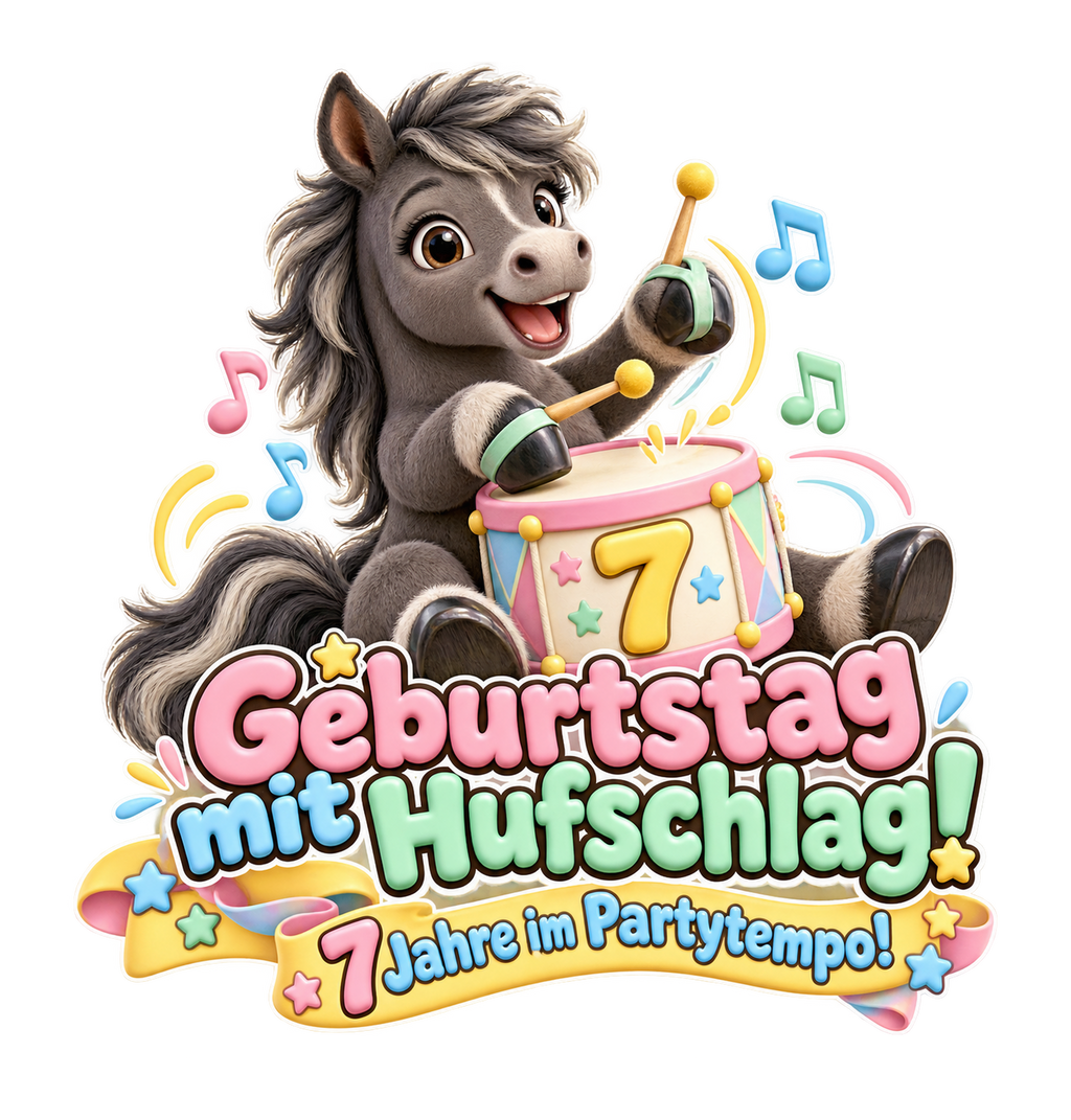 Motiv: Geburtstag mit Hufschlag! (7 Jahre) – Kinder-Hoodie – KI-gestaltetes Pferdemotiv