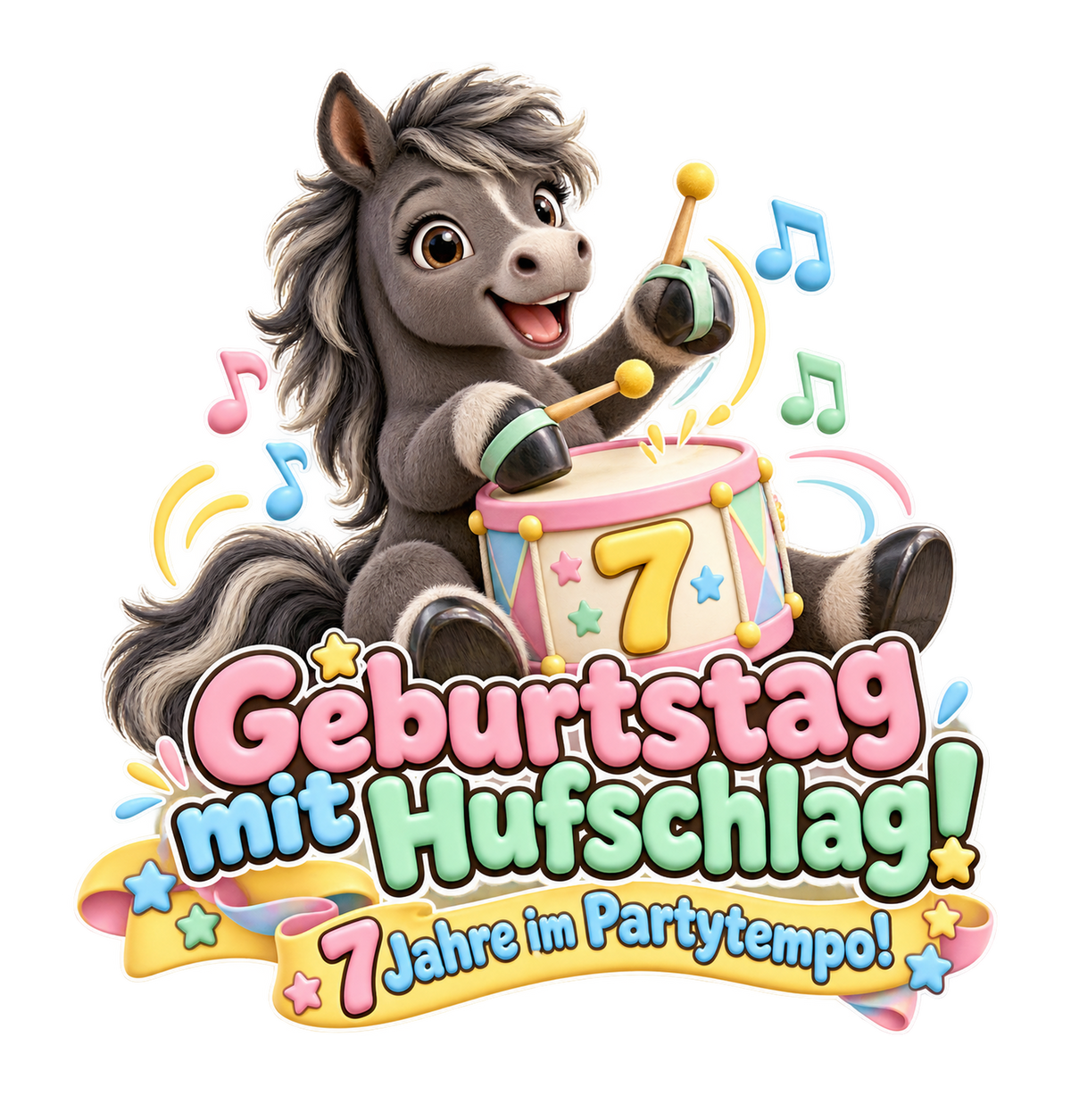 Motiv: Geburtstag mit Hufschlag! (7 Jahre) – Kinder-Hoodie – KI-gestaltetes Pferdemotiv