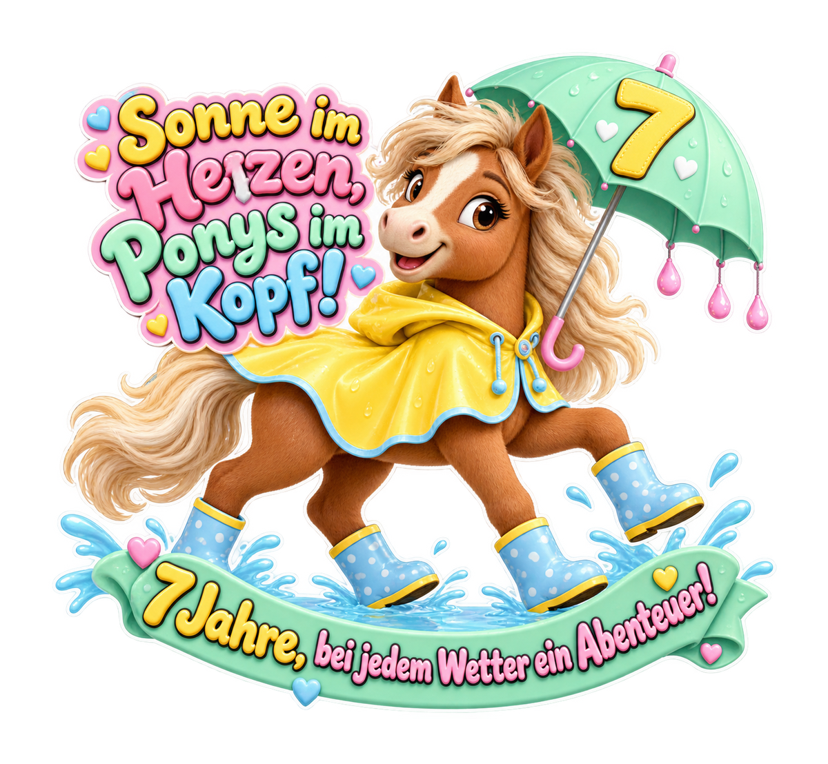 Motiv: Sonne im Herzen, Ponys im Kopf! (7 Jahre) – Kinder-Pullover – KI-gestaltetes Pferdemotiv