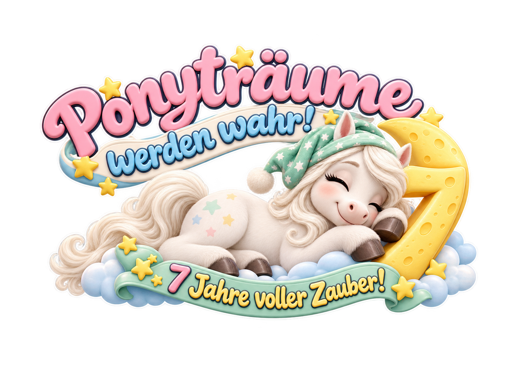 Motiv: Ponyträume werden wahr! (7 Jahre) – Kinder-Hoodie – KI-gestaltetes Pferdemotiv