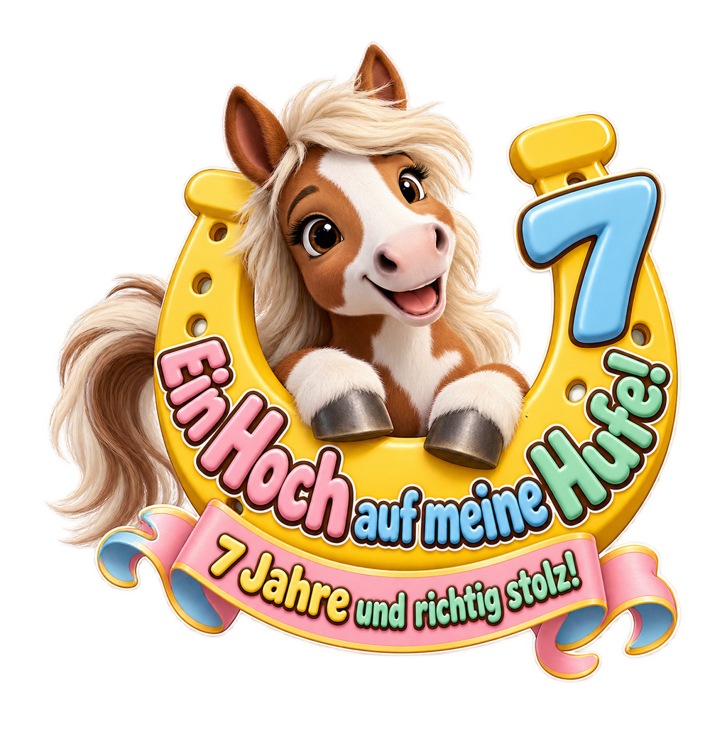 Motiv: Ein Hoch auf meine Hufe! (7 Jahre) – Kinder-Hoodie – KI-gestaltetes Pferdemotiv