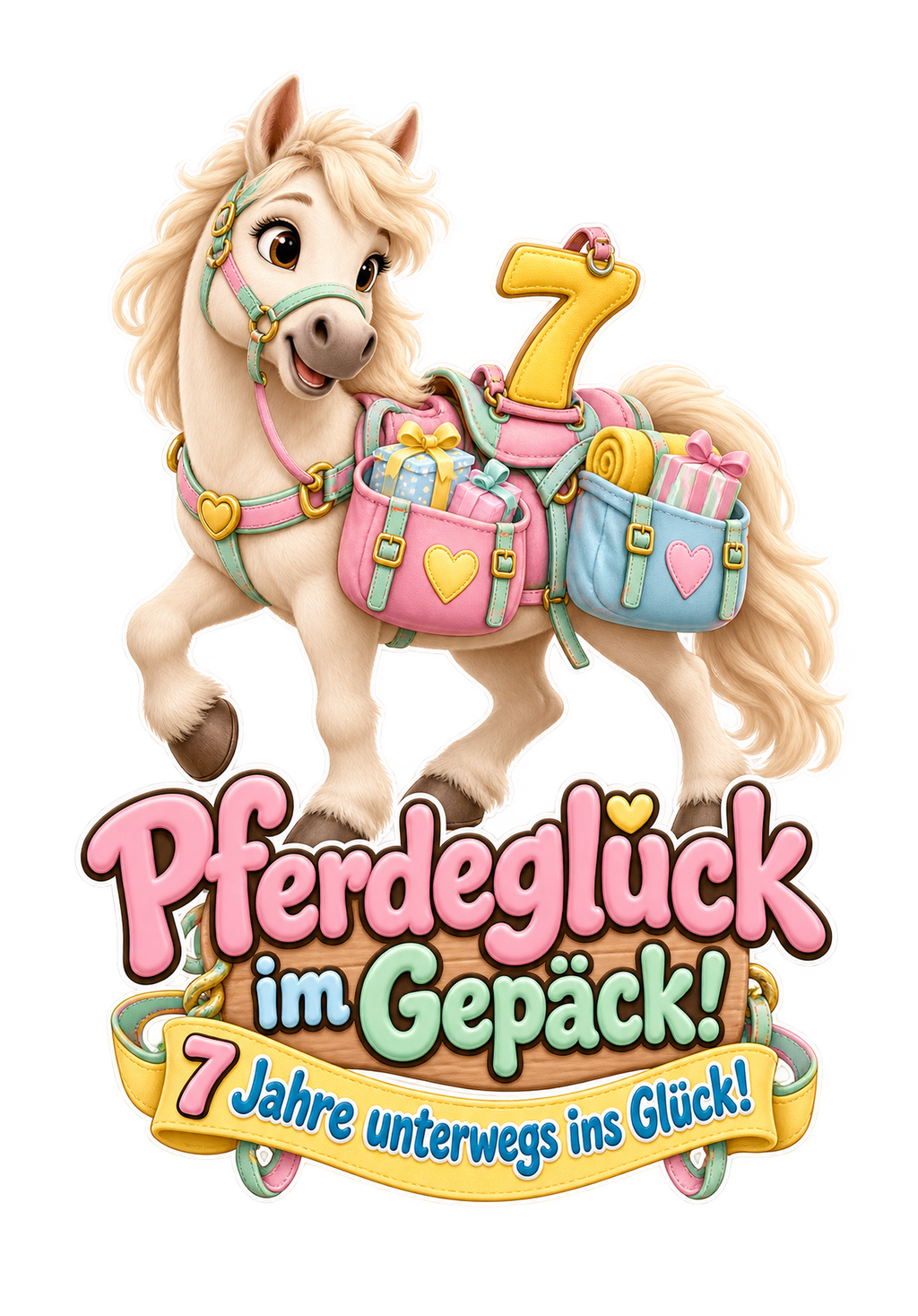 Motiv: Pferdeglück im Gepäck! (7 Jahre) – Kinder-Hoodie – KI-gestaltetes Pferdemotiv