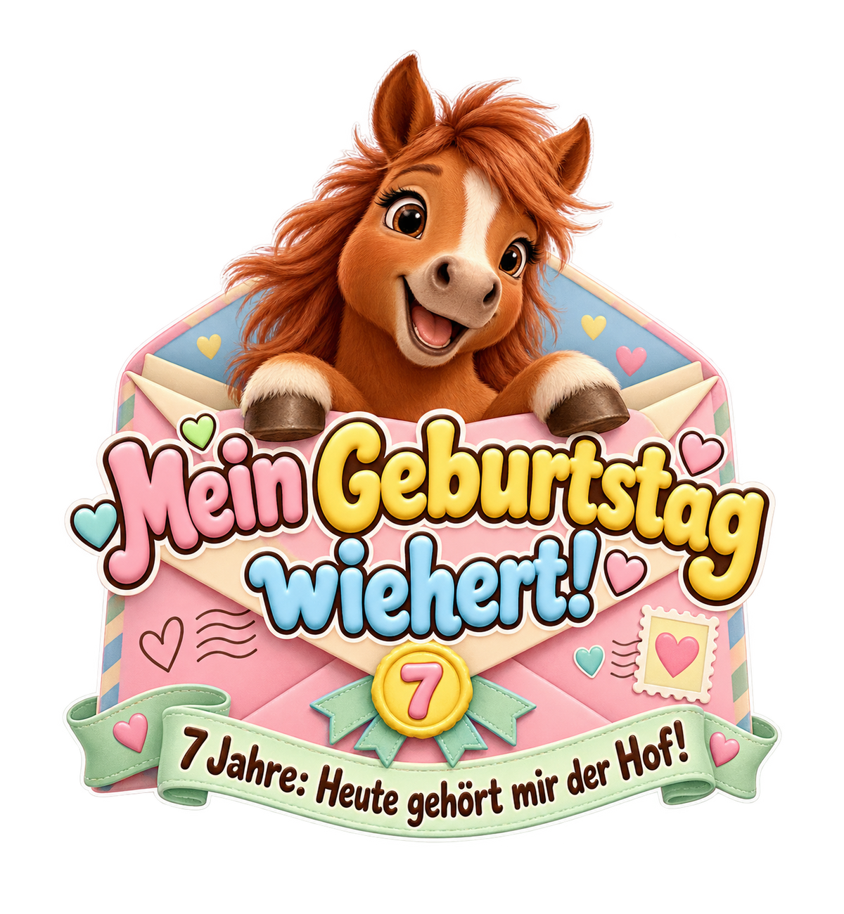 Motiv: Mein Geburtstag wiehert! (7 Jahre) – Kinder-Hoodie – KI-gestaltetes Pferdemotiv