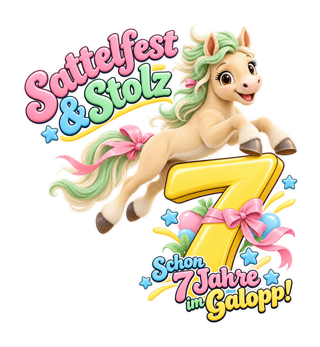 Motiv: Sattelfest und Stolz (7 Jahre) – Kinder-T-Shirt – KI-gestaltetes Pferdemotiv
