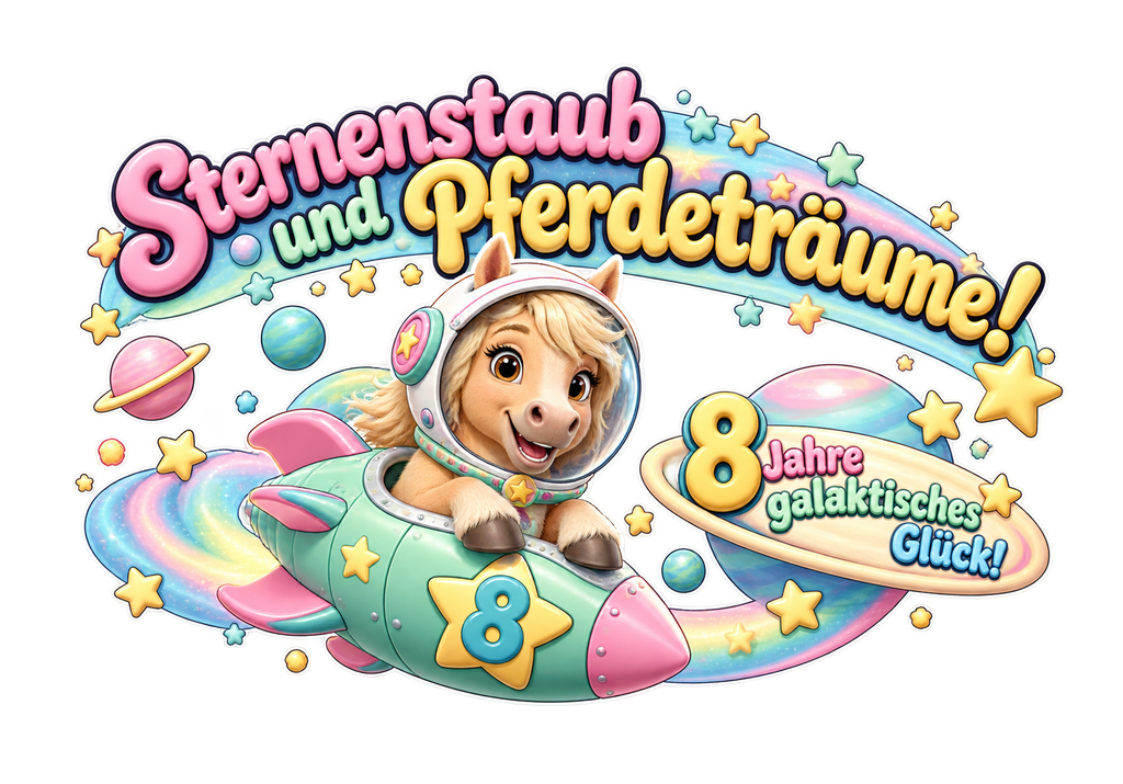 Motiv: Sternenstaub und Pferdeträume! (8 Jahre) – Kinder-Pullover – KI-gestaltetes Pferdemotiv