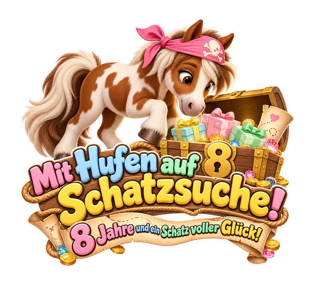Motiv: Mit Hufen auf Schatzsuche! (8 Jahre) – Kinder-T-Shirt – KI-gestaltetes Pferdemotiv