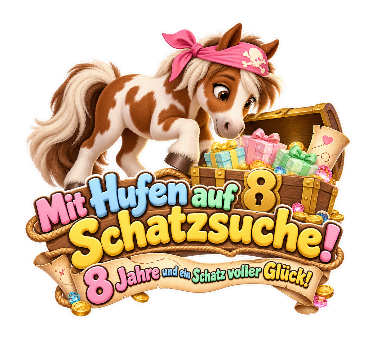 Motiv: Mit Hufen auf Schatzsuche! (8 Jahre) – Kinder-T-Shirt – KI-gestaltetes Pferdemotiv
