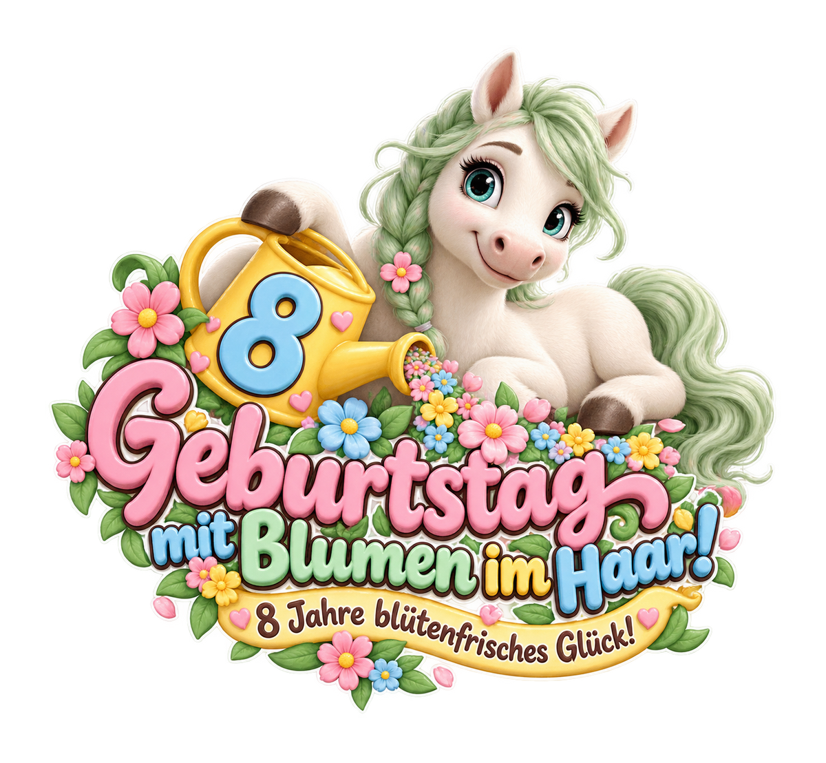 Motiv: Geburtstag mit Blumen im Haar! (8 Jahre) – Kinder-T-Shirt – KI-gestaltetes Pferdemotiv