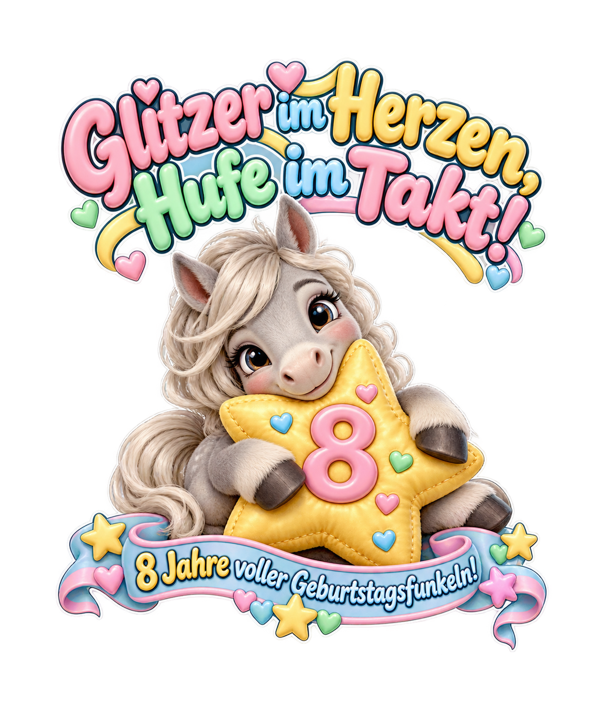 Motiv: Glitzer im Herzen, Hufe im Takt! (8 Jahre) – Kinder-Hoodie – KI-gestaltetes Pferdemotiv