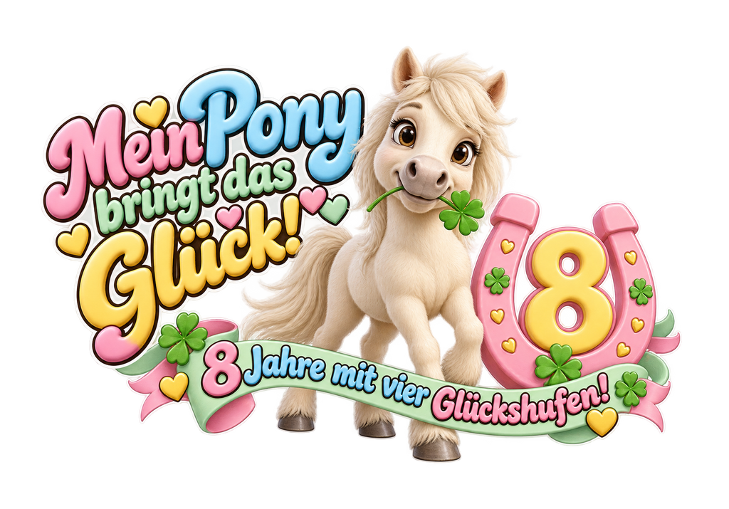 Motiv: Mein Pony bringt das Glück! (8 Jahre) – Kinder-Hoodie – KI-gestaltetes Pferdemotiv