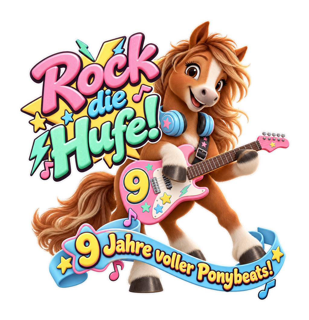 Motiv: Rock die Hufe! (9 Jahre) – Kinder-Hoodie – KI-gestaltetes Pferdemotiv