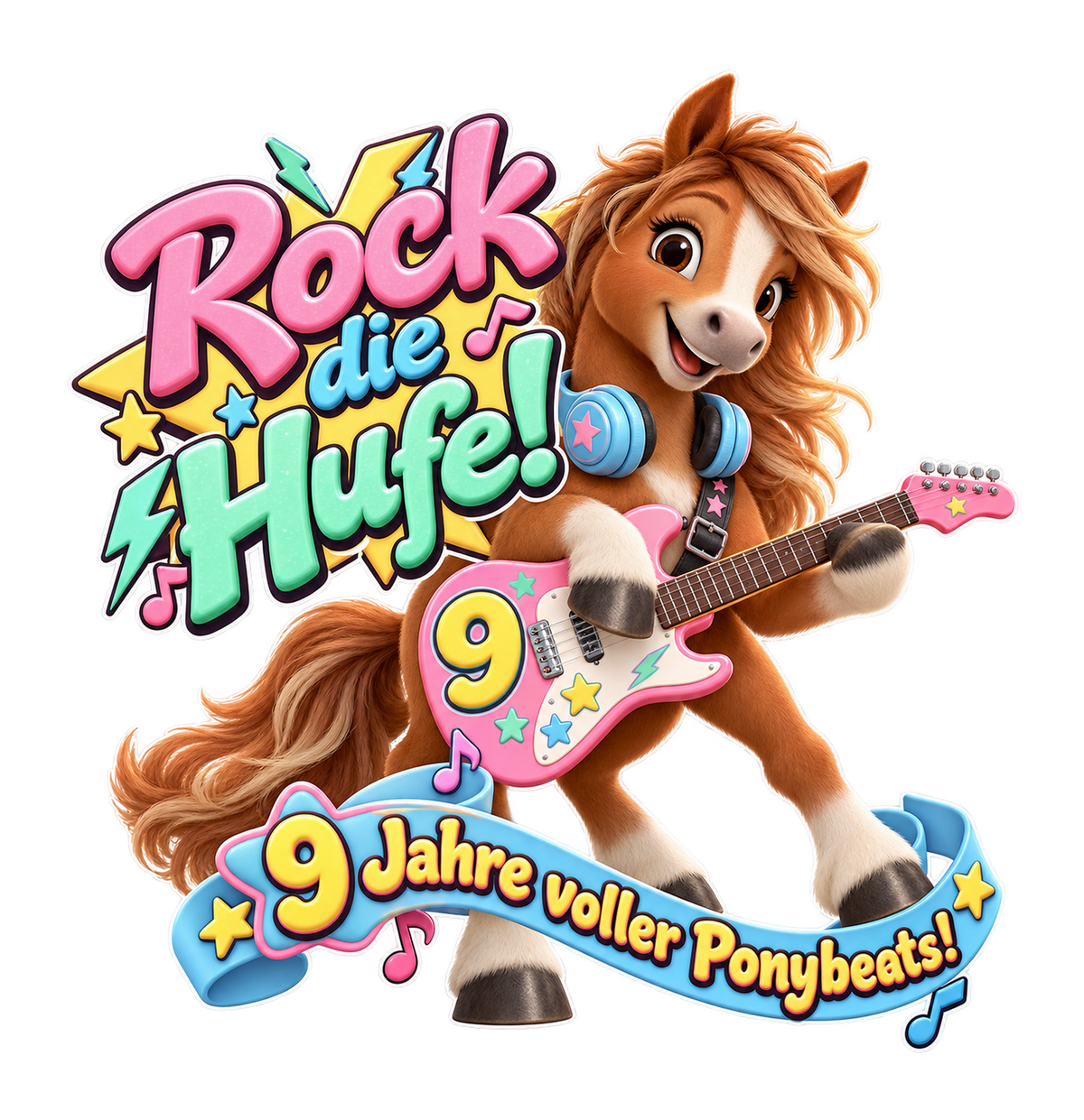 Motiv: Rock die Hufe! (9 Jahre) – Kinder-Hoodie – KI-gestaltetes Pferdemotiv