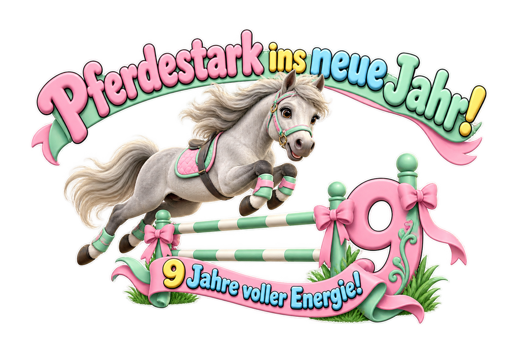 Motiv: Pferdestark ins neue Jahr! (9 Jahre) – Kinder-Hoodie – KI-gestaltetes Pferdemotiv