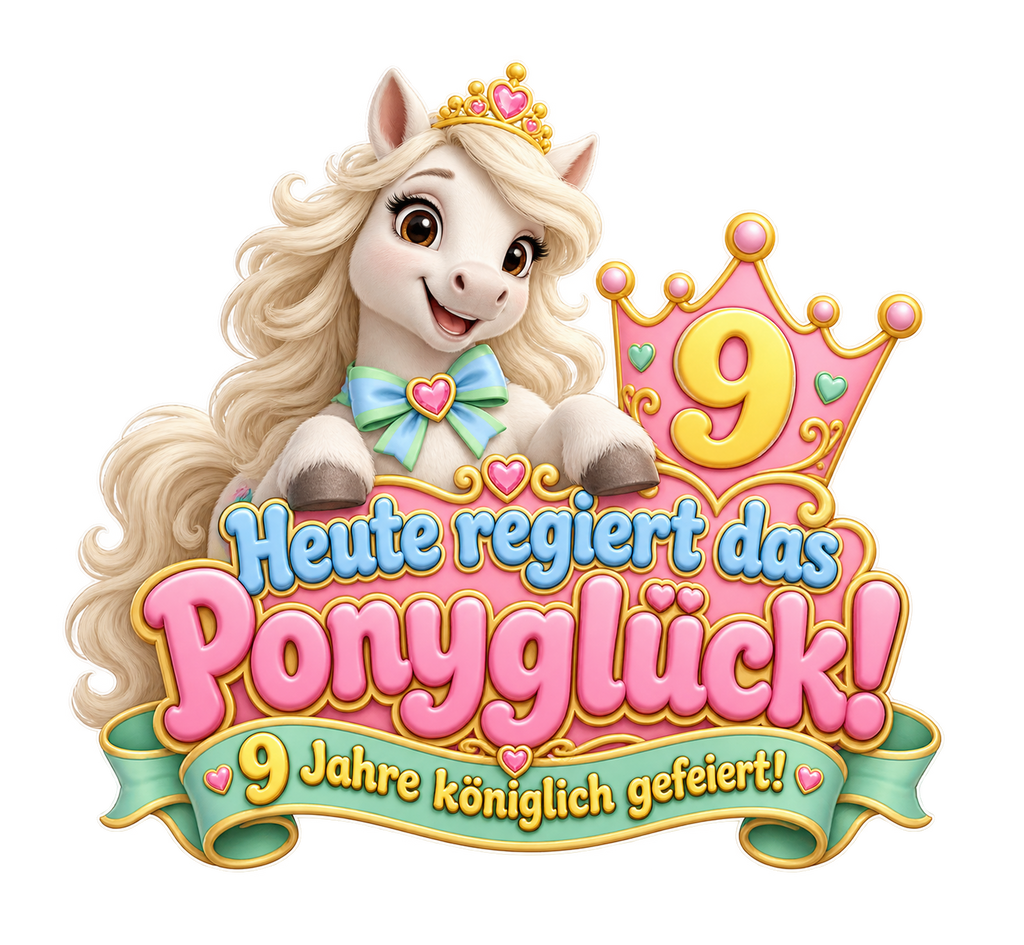 Motiv: Heute regiert das Ponyglück! (9 Jahre) – Kinder-Pullover – KI-gestaltetes Pferdemotiv