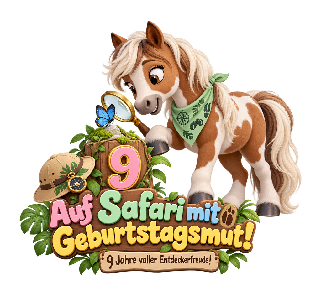 Motiv: Auf Safari mit Geburtstagsmut! (9 Jahre) – Kinder-Hoodie – KI-gestaltetes Pferdemotiv