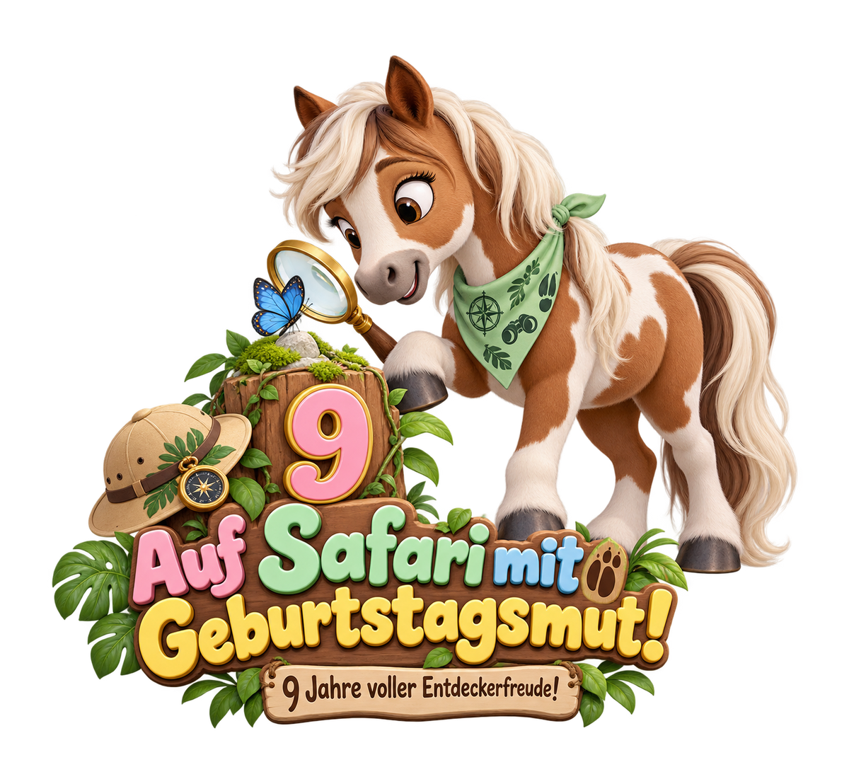 Motiv: Auf Safari mit Geburtstagsmut! (9 Jahre) – Kinder-Hoodie – KI-gestaltetes Pferdemotiv