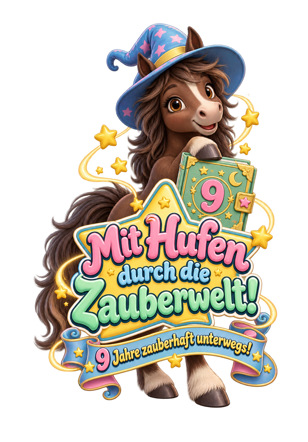 Motiv: Mit Hufen durch die Zauberwelt! (9 Jahre) – Kinder-Pullover – KI-gestaltetes Pferdemotiv