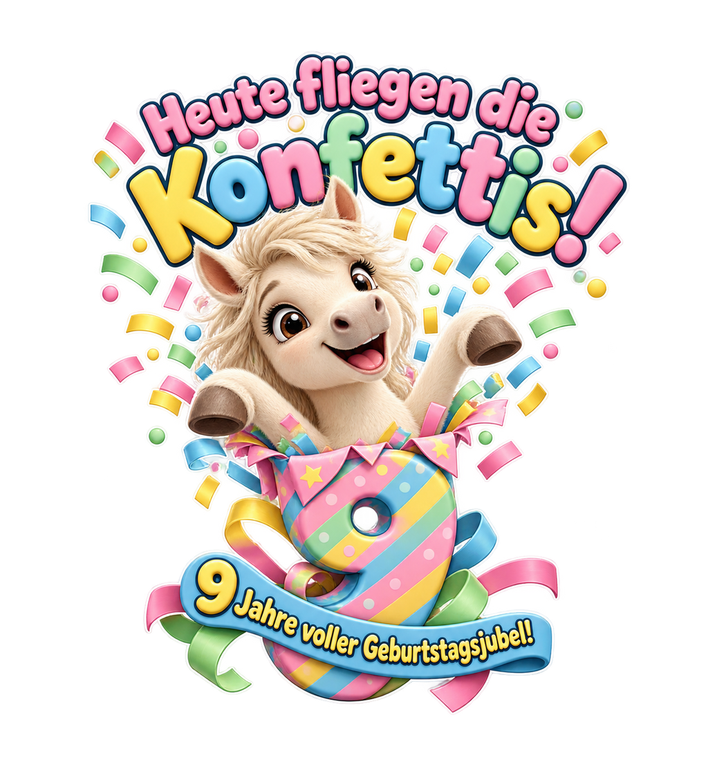 Motiv: Heute fliegen die Konfettis! (9 Jahre) – Kinder-T-Shirt – KI-gestaltetes Pferdemotiv