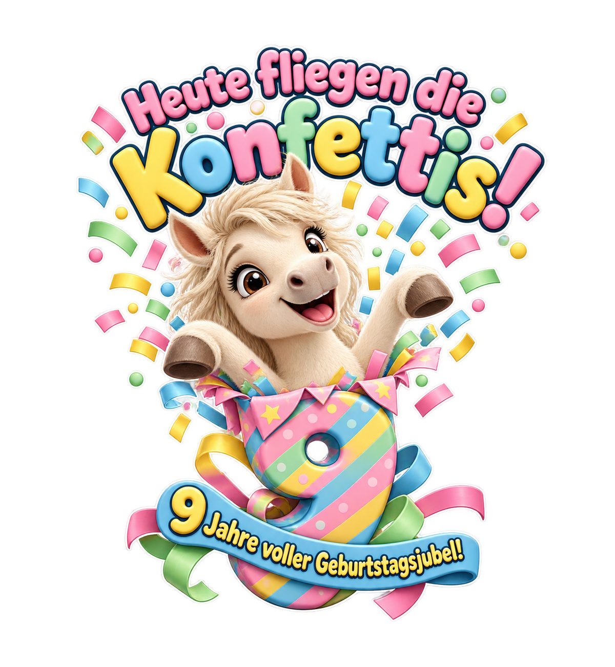 Motiv: Heute fliegen die Konfettis! (9 Jahre) – Kinder-T-Shirt – KI-gestaltetes Pferdemotiv