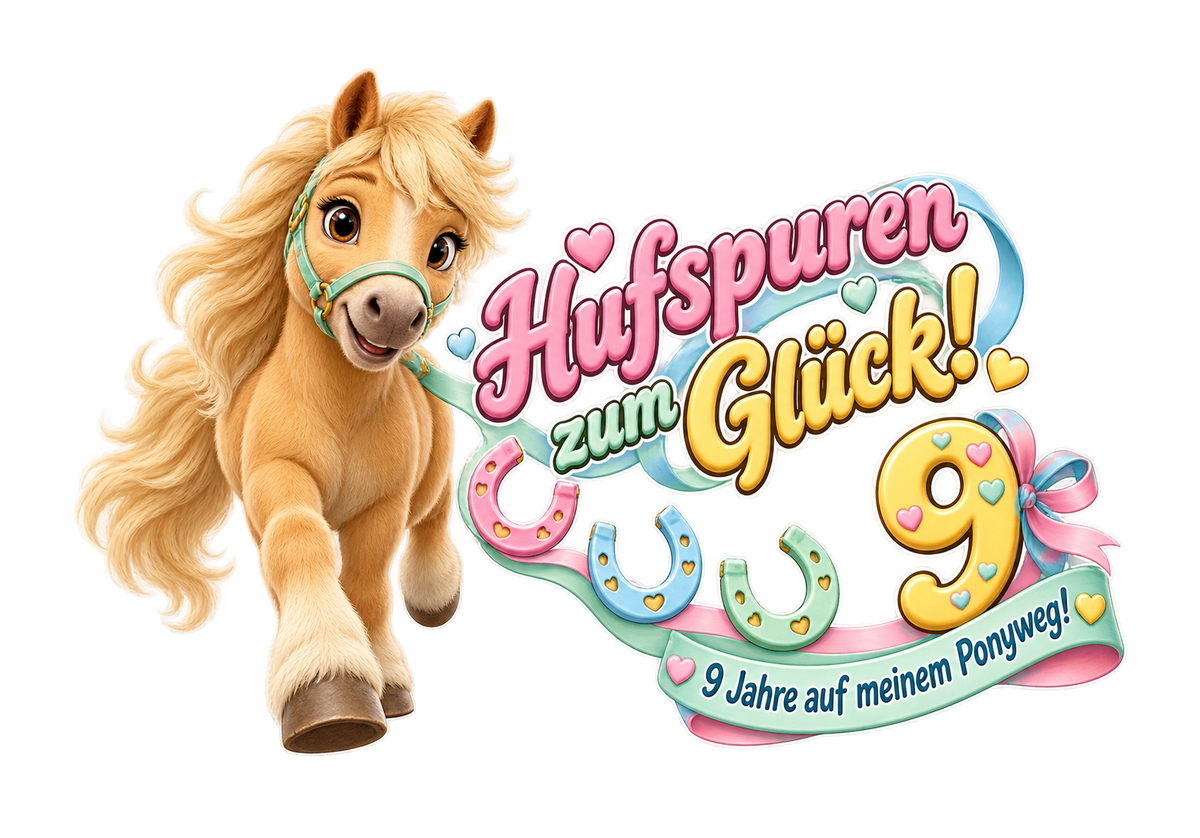 Motiv: Hufspuren zum Glück! (9 Jahre) – Kinder-Hoodie – KI-gestaltetes Pferdemotiv
