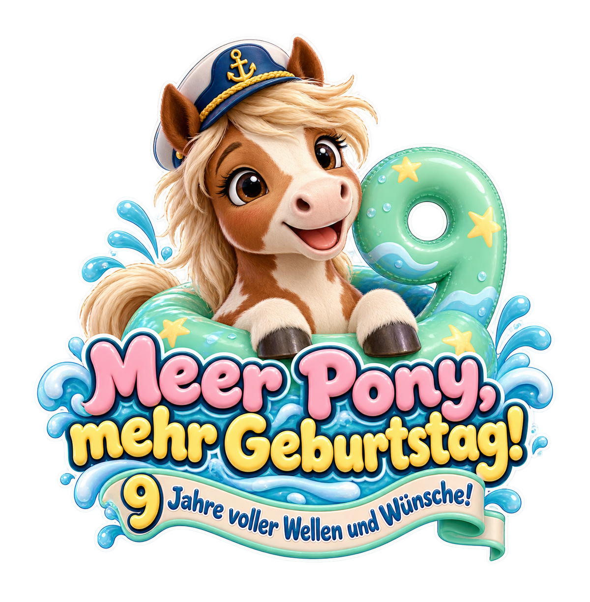 Motiv: Meer Pony, mehr Geburtstag! (9 Jahre) – Kinder-Hoodie – KI-gestaltetes Pferdemotiv