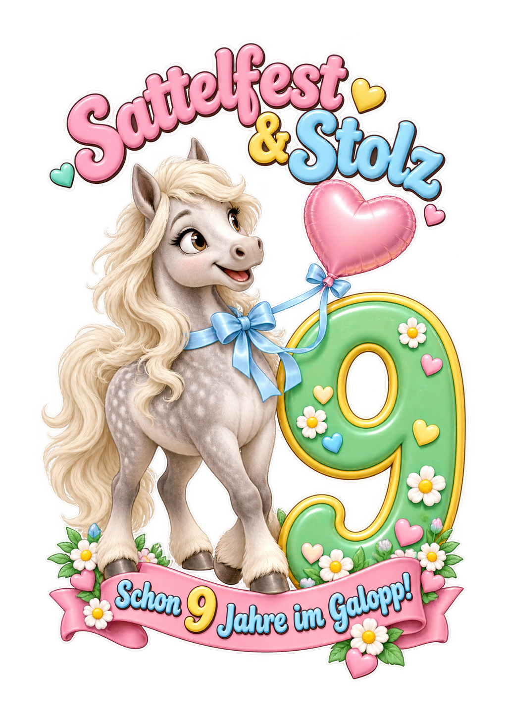 Motiv: Sattelfest und Stolz (9 Jahre) – Kinder-T-Shirt Bio – KI-gestaltetes Pferdemotiv