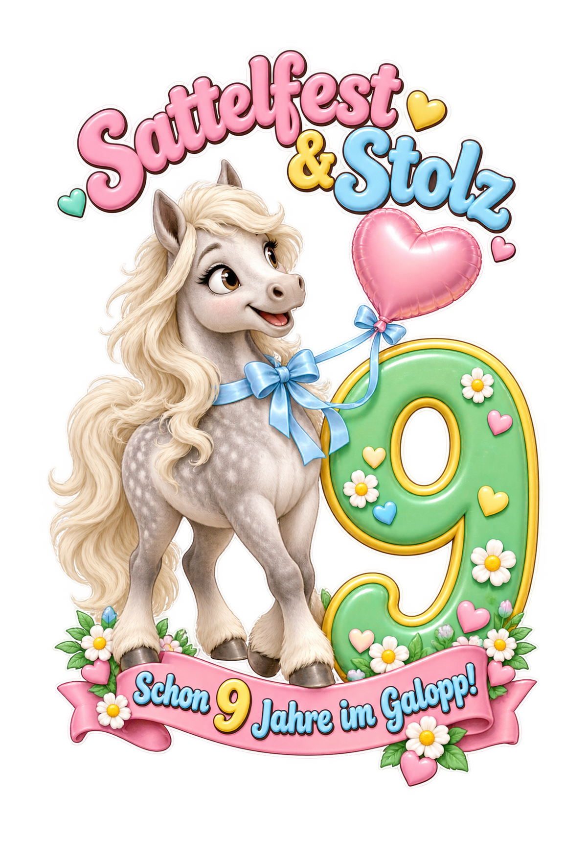Motiv: Sattelfest und Stolz (9 Jahre) – Kinder-T-Shirt Bio – KI-gestaltetes Pferdemotiv