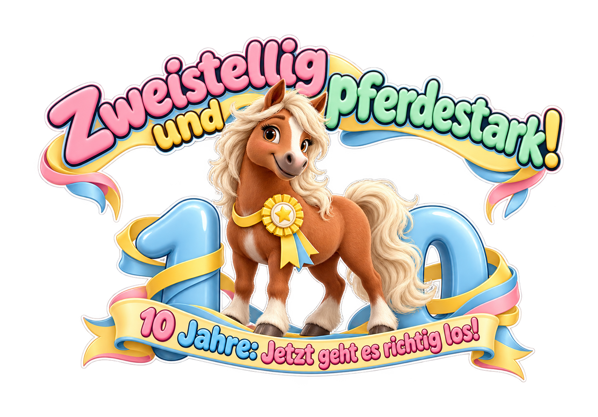 Motiv: Zweistellig und pferdestark! (10 Jahre) – Kinder-T-Shirt – KI-gestaltetes Pferdemotiv