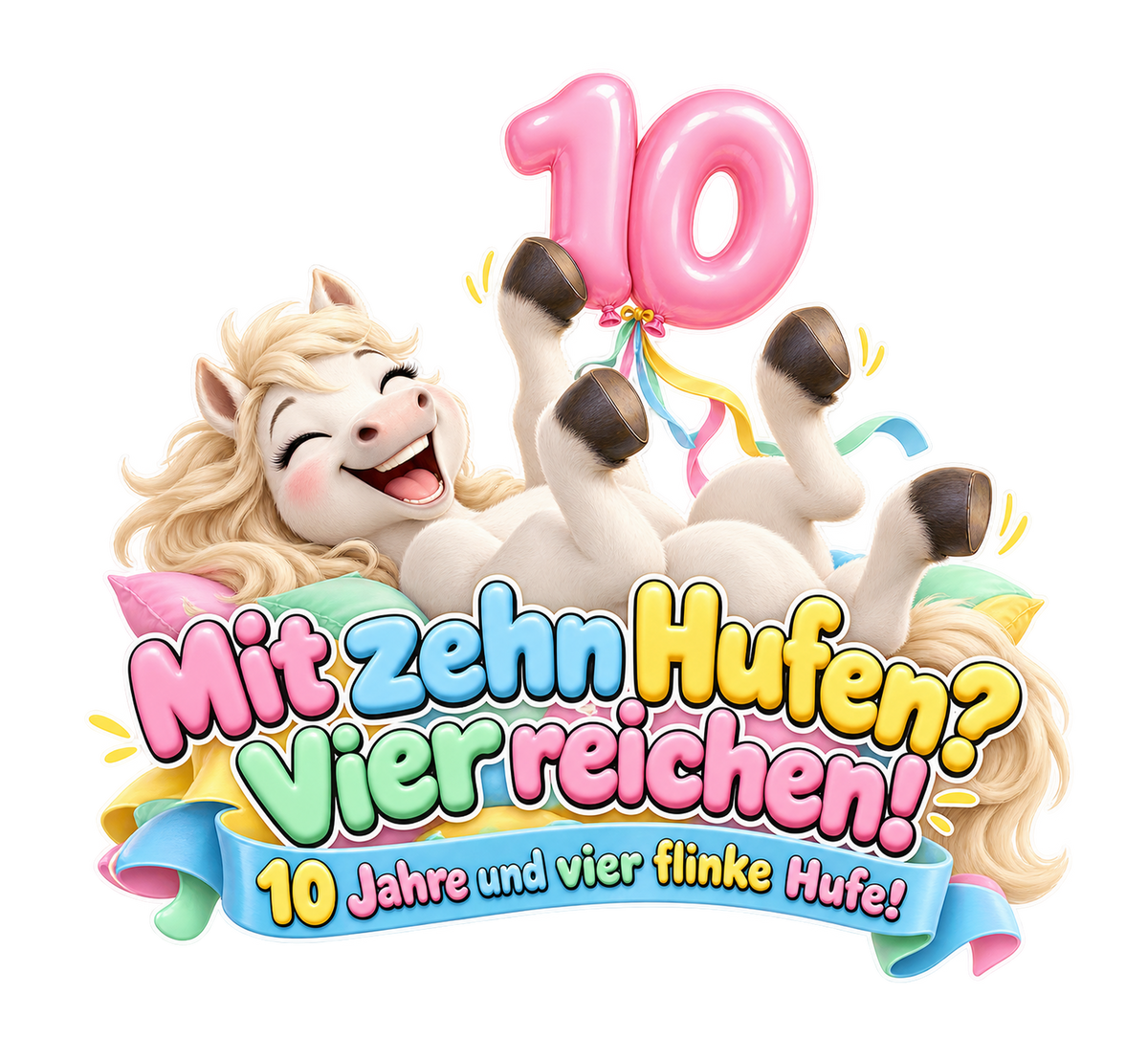 Motiv: Mit zehn Hufen? Vier reichen! (10 Jahre) – Kinder-Hoodie – KI-gestaltetes Pferdemotiv