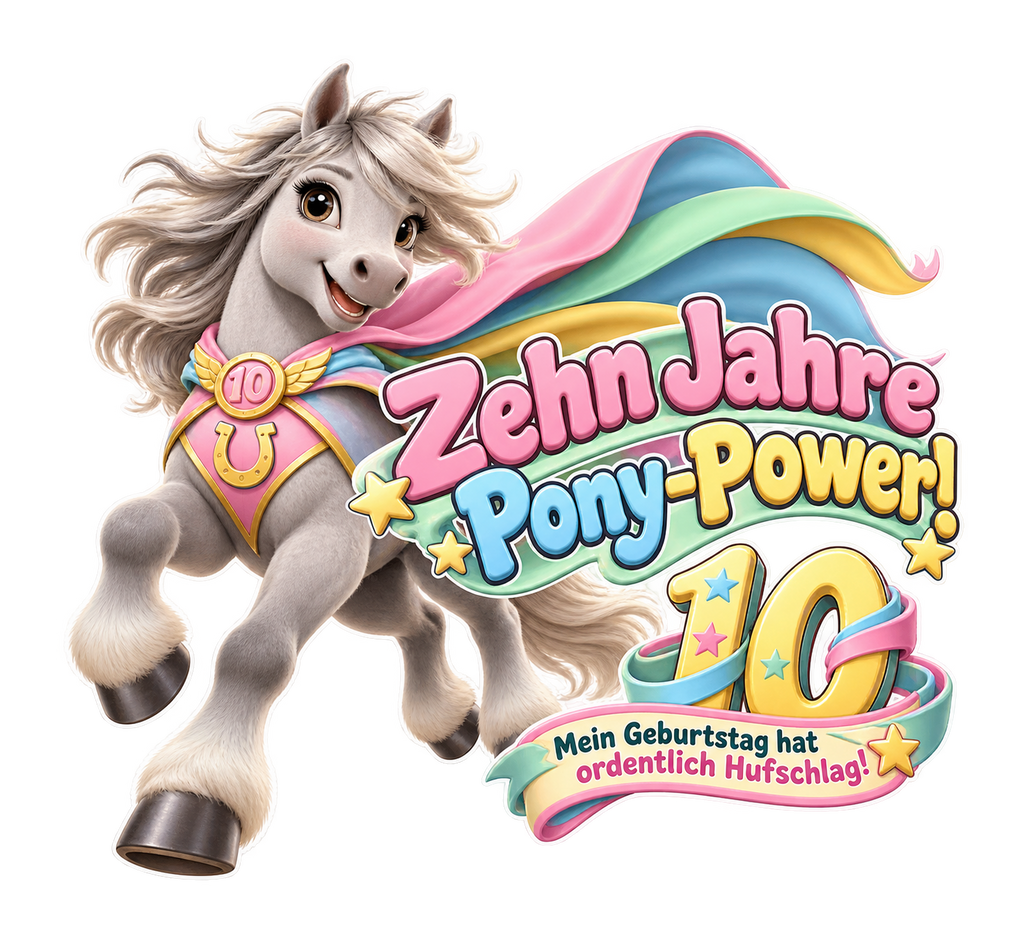 Motiv: Zehn Jahre Pony-Power! (10 Jahre) – Kinder-Hoodie – KI-gestaltetes Pferdemotiv