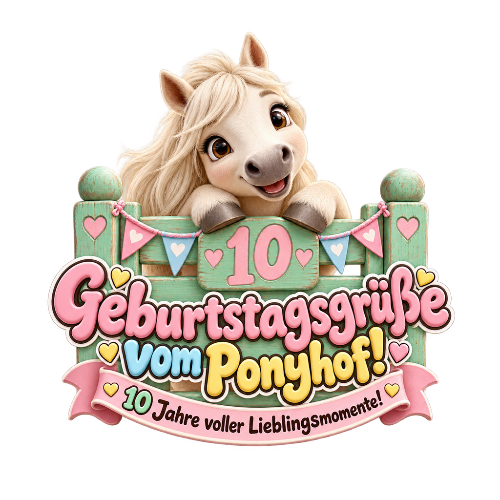 Motiv: Geburtstagsgrüße vom Ponyhof! (10 Jahre) – Kinder-T-Shirt – KI-gestaltetes Pferdemotiv