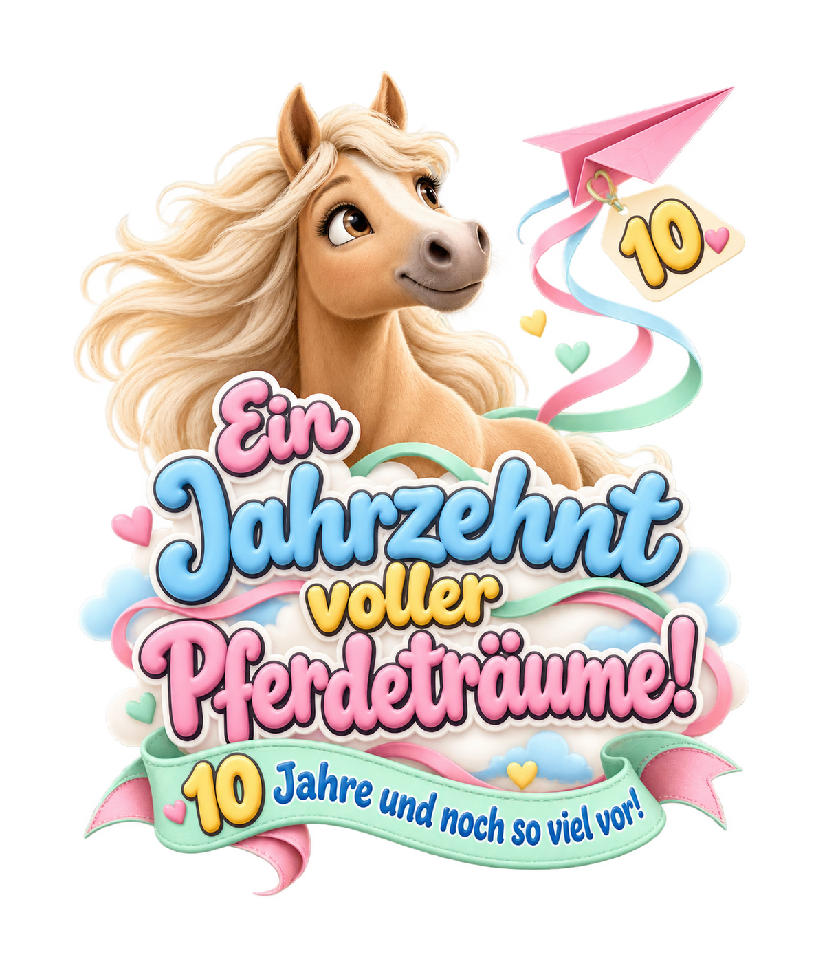 Motiv: Ein Jahrzehnt voller Pferdeträume! (10 Jahre) – Kinder-Hoodie – KI-gestaltetes Pferdemotiv