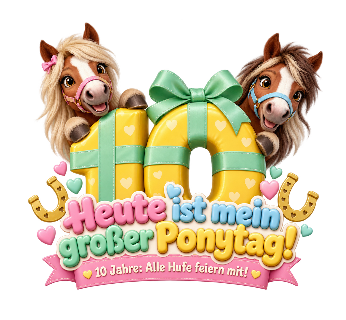 Motiv: Heute ist mein großer Ponytag! (10 Jahre) – Kinder-T-Shirt – KI-gestaltetes Pferdemotiv