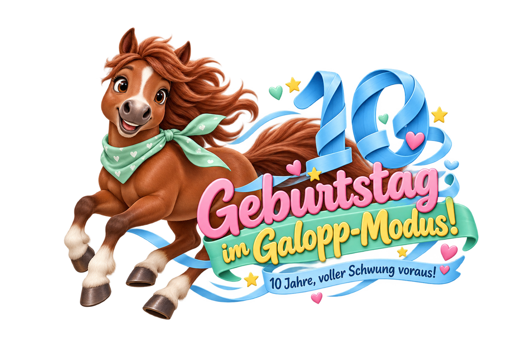Motiv: Geburtstag im Galopp-Modus! (10 Jahre) – Kinder-T-Shirt – KI-gestaltetes Pferdemotiv