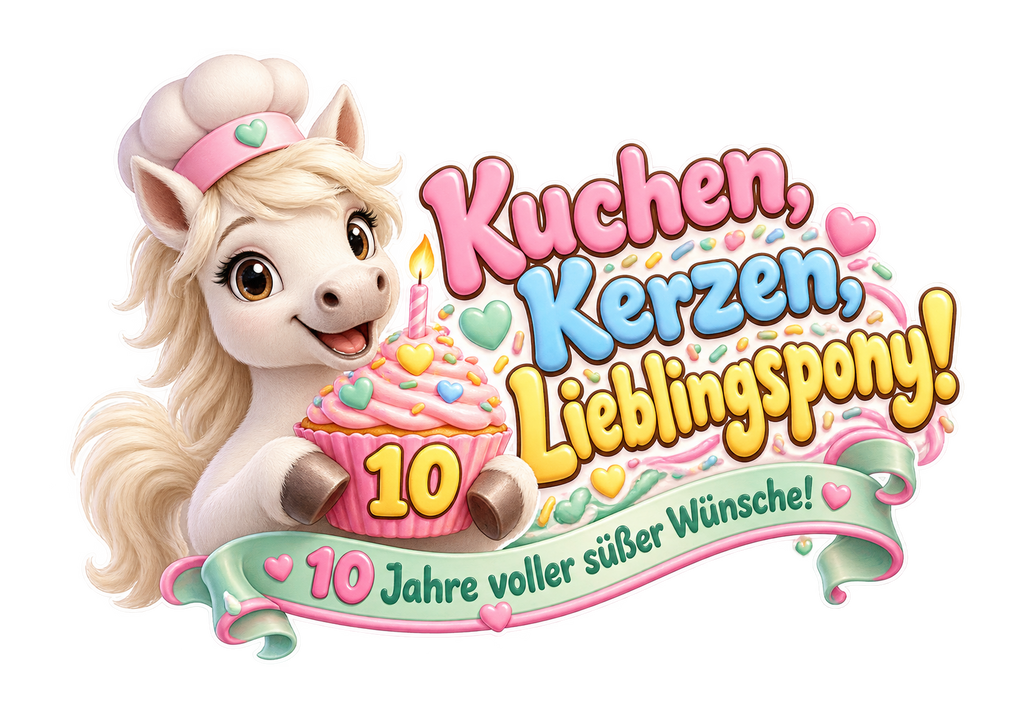 Motiv: Kuchen, Kerzen, Lieblingspony! (10 Jahre) – Kinder-Hoodie – KI-gestaltetes Pferdemotiv