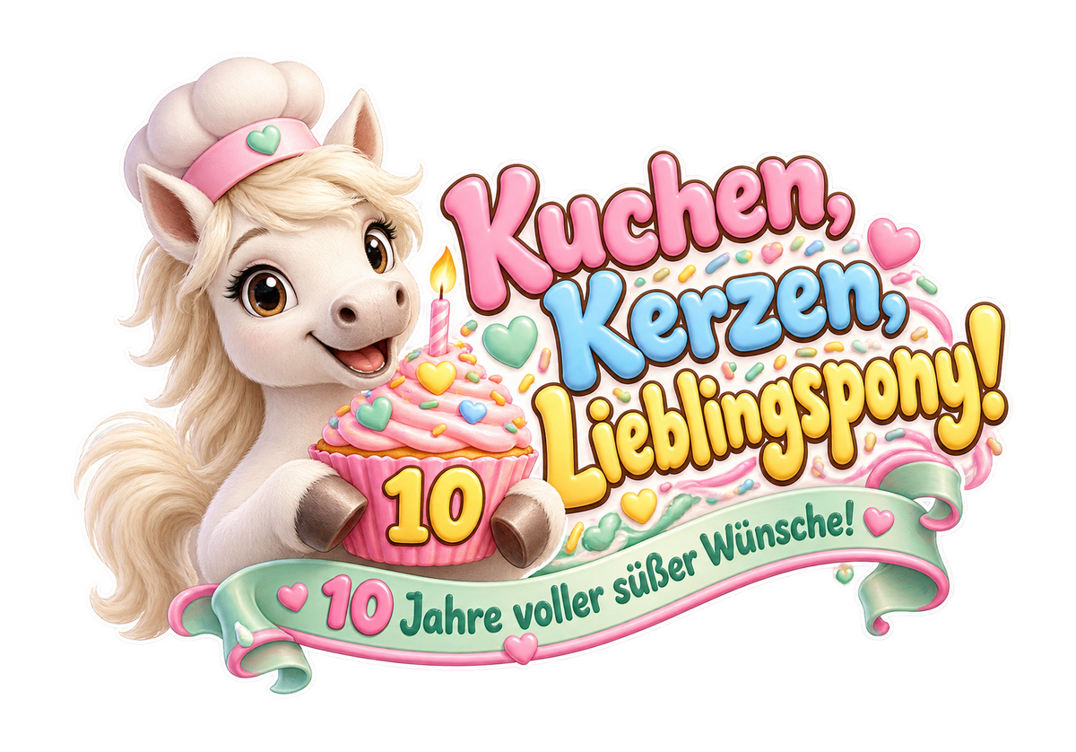 Motiv: Kuchen, Kerzen, Lieblingspony! (10 Jahre) – Kinder-Hoodie – KI-gestaltetes Pferdemotiv