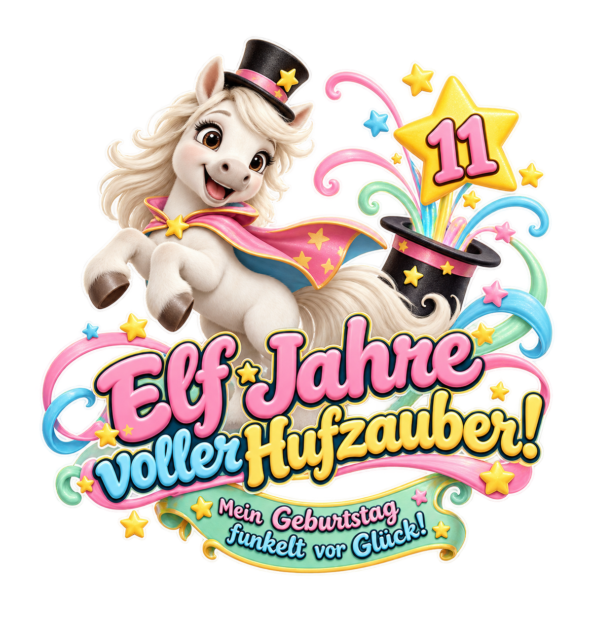 Motiv: Elf Jahre voller Hufzauber! (11 Jahre) – Kinder-T-Shirt Bio – KI-gestaltetes Pferdemotiv