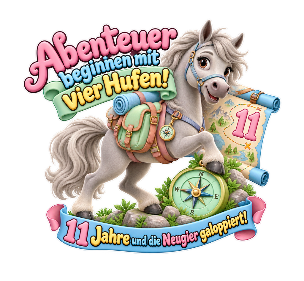 Motiv: Abenteuer beginnen mit vier Hufen! (11 Jahre) – Kinder-Hoodie – KI-gestaltetes Pferdemotiv
