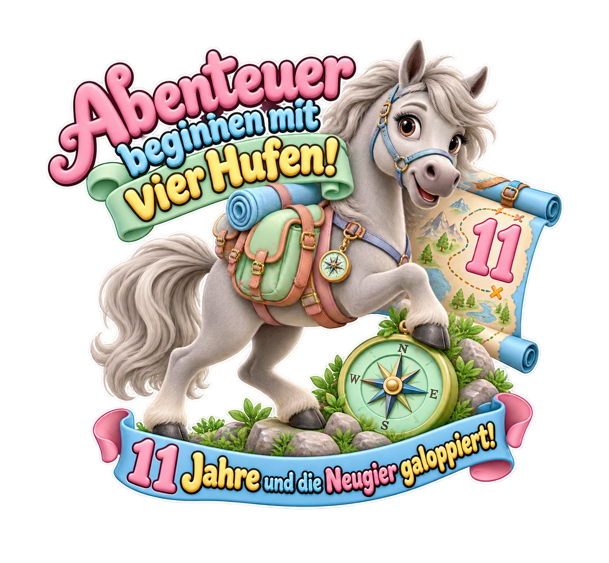 Motiv: Abenteuer beginnen mit vier Hufen! (11 Jahre) – Kinder-T-Shirt Bio – KI-gestaltetes Pferdemotiv