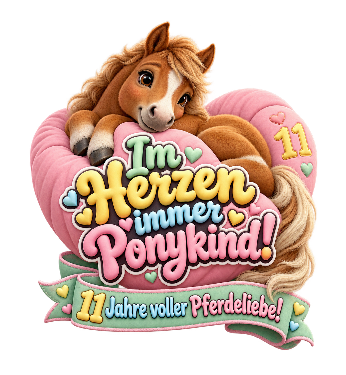 Motiv: Im Herzen immer Ponykind! (11 Jahre) – Kinder-T-Shirt – KI-gestaltetes Pferdemotiv
