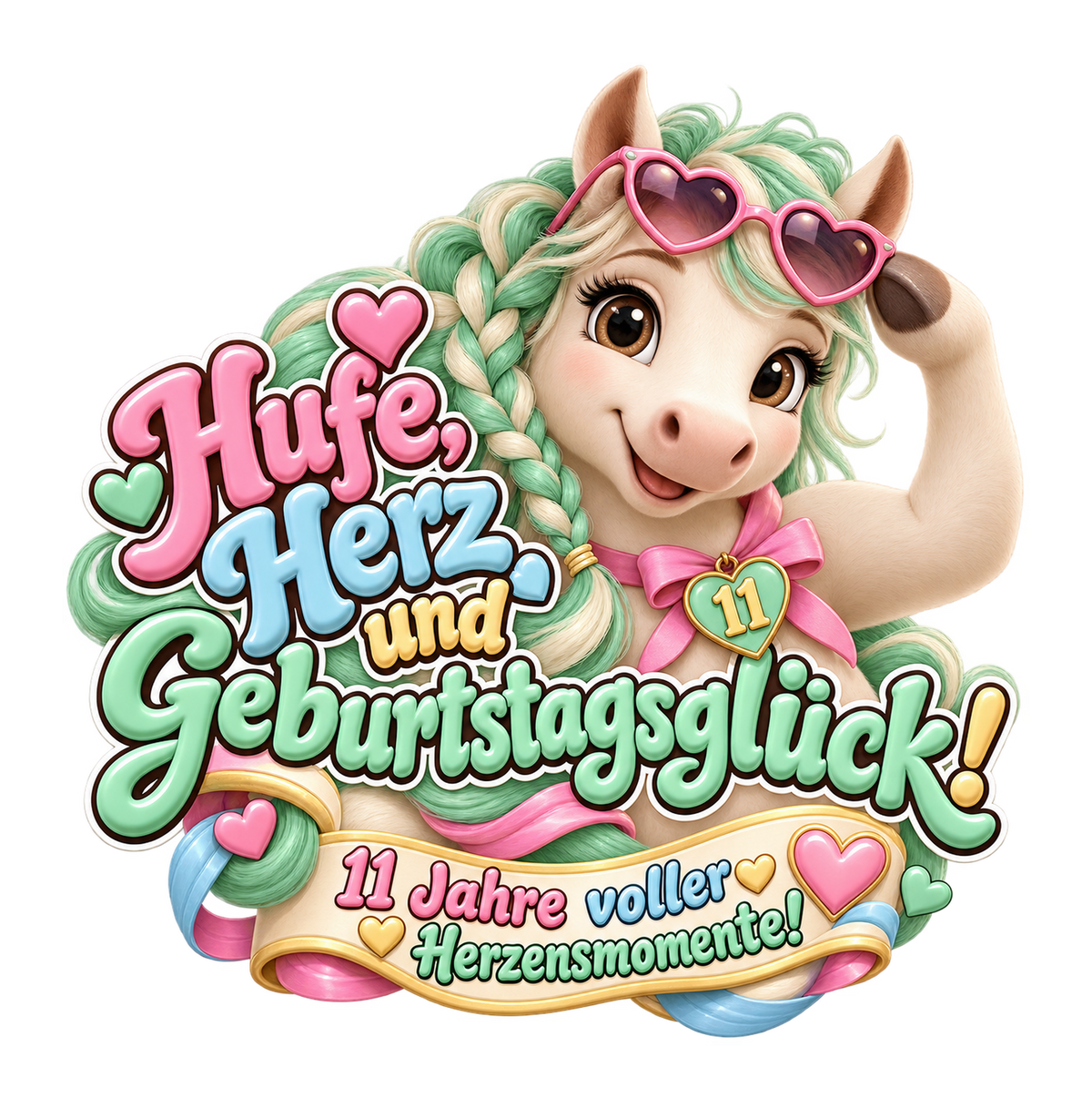 Motiv: Hufe, Herz und Geburtstagsglück! (11 Jahre) – Kinder-T-Shirt Bio – KI-gestaltetes Pferdemotiv