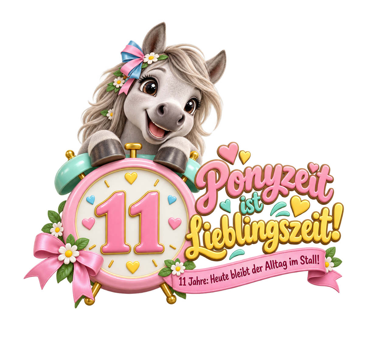 Motiv: Ponyzeit ist Lieblingszeit! (11 Jahre) – Kinder-T-Shirt – KI-gestaltetes Pferdemotiv