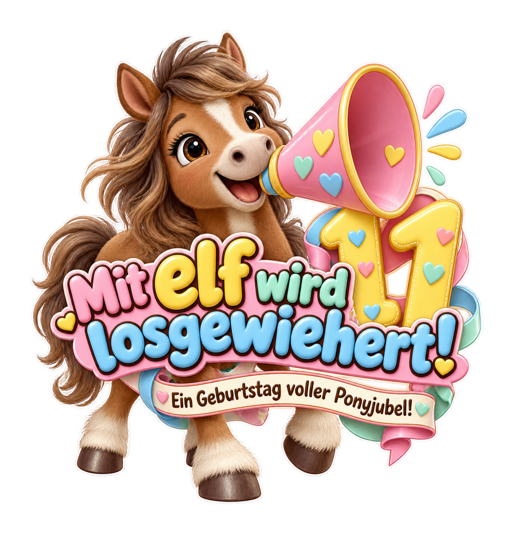 Motiv: Mit elf wird losgewiehert! (11 Jahre) – Kinder-T-Shirt – KI-gestaltetes Pferdemotiv
